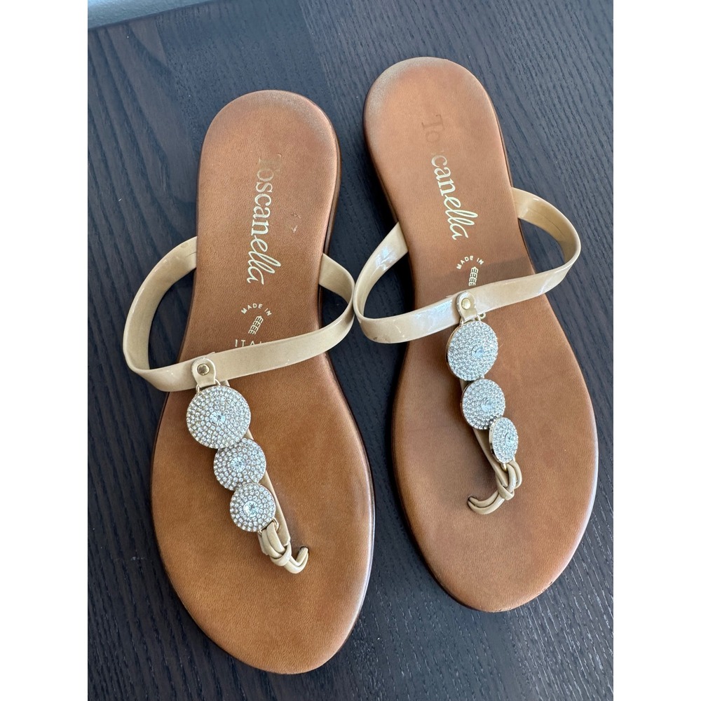 Toscanella Crystal Medallion Thong Sandals Women 8 Tan Made in Italy Sparkle